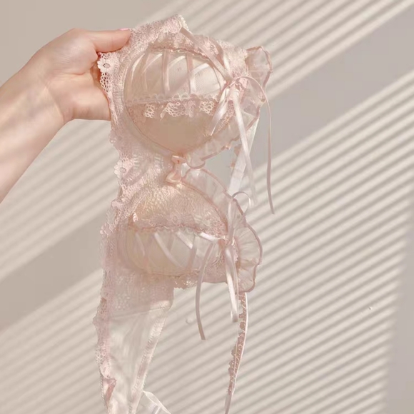 NWT Coquette Romantic Pink Lace Ribbon Push Up Bra Panty Matching Set 32B Small - Picture 4 of 5